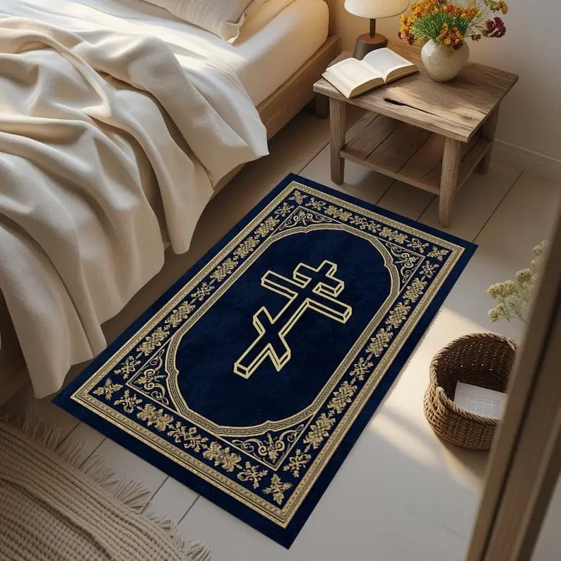 Orthodox Christian Prayer Rug, Byzantine Cross Mat, Dark Blue Gold Religious Home Decor