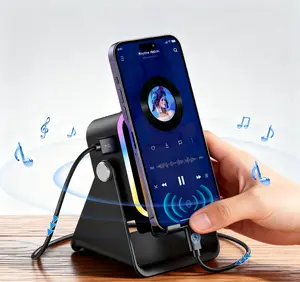 5-in-1 Power Bank with Wireless Induction Audio Bluetooth Speaker & Cellphone Stand,  360° Rotation Stand with LED Colorful Ambient Light for iPhone/Android/iPad, Suitable for Indoor & Outdoor - Room, Computer Desk, Office Desk, Living Room, Bathroom