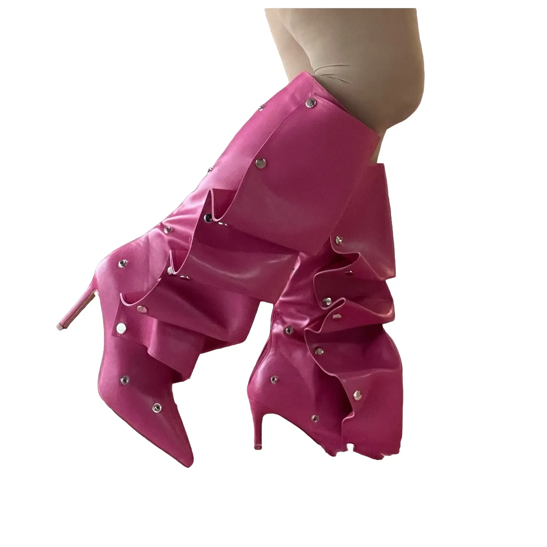 BUMBLE-01 Fuchsia Pink Faux Leather Knee High Slouch Boots with Draped Front Panel