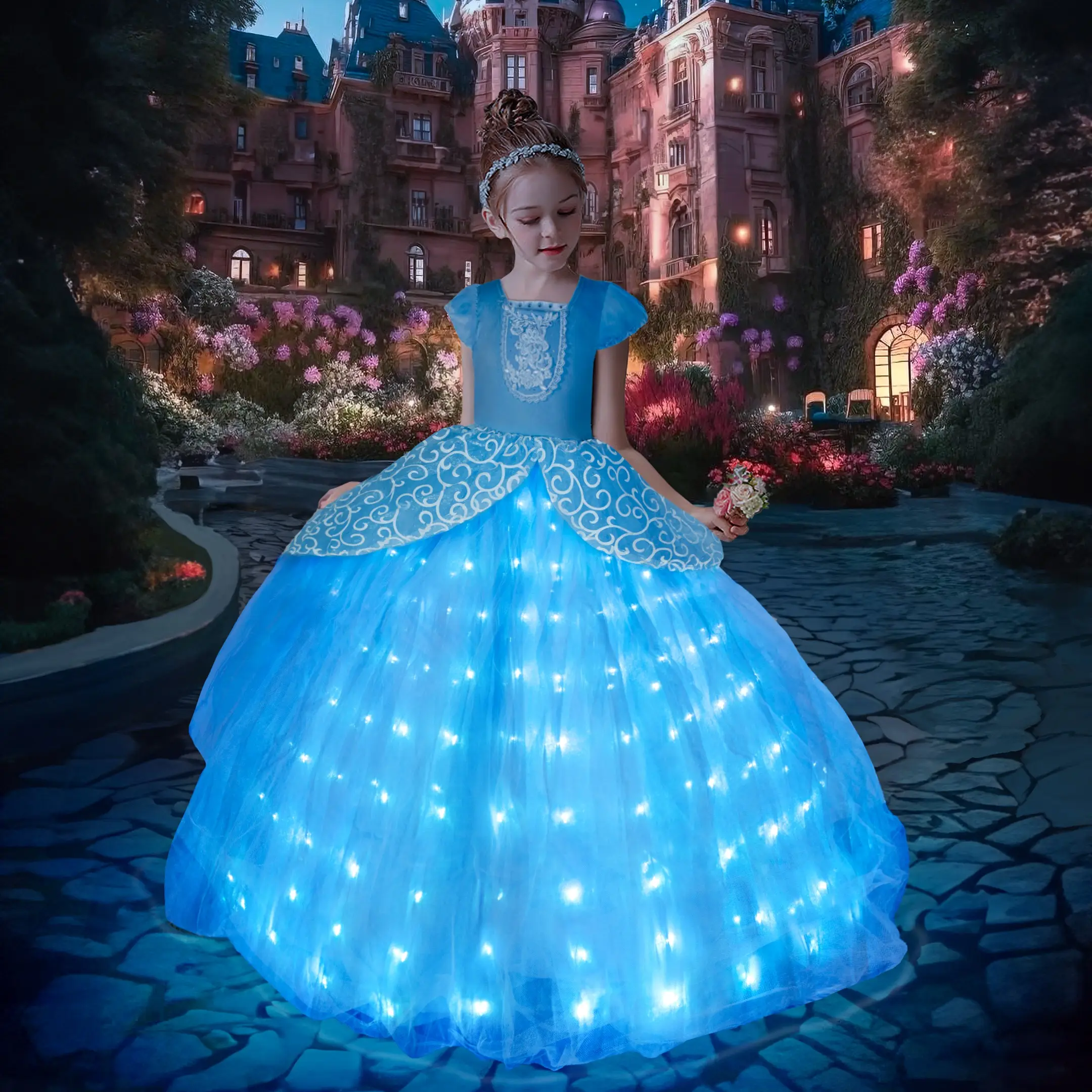 UPORPOR Light Up Princess Dress for Girls Halloween Cosplay Costume Blue Princess Dress Up Kids Outfit for Birthday Christmas Party