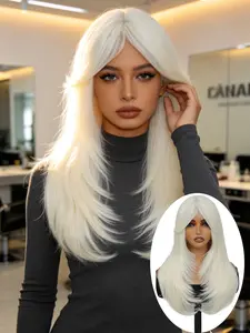 Lehanhair 26 Inch Rose Hairnet Long Wavy Curtain Bangs Air Bangs Wig for Women 26 Inch Natural Looking Synthetic Wig Center Part Natural Wave Wig Soft Heat Friendly Hair Comfortable Breathable Cap, for Daily Wear & Cosplay