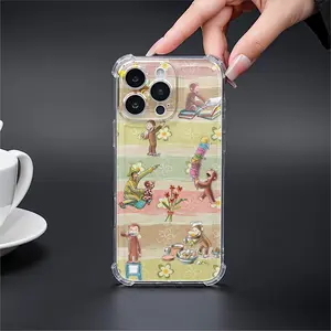 Clear Shockproof Phone Case for iPhone 17 16 15 14 13 12 11 Pro Max 17air 14 15 16 Plus, Four-Corner Airbag Anti-Drop Protective Transparent Soft Phone Cases Curious George, Vintage Style, Floral Pattern, Monkey Adventures