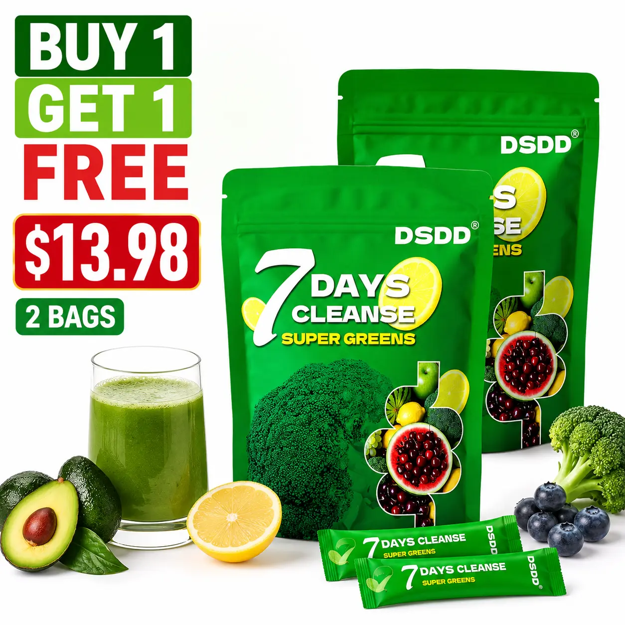 (Buy 1 Get 1 Free) DSDD 7 Days Gut Cleanse Super Greens Powder - Gut Health Daily Supplement, 40+ Superfoods, 4M Probiotics, Fiber Probiotic Powder, Green Juice Blend Prebiotic Supplement for Digestive Support & Whole Body Wellness Ethically Sourced Vitam