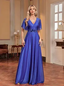 Elegant royal blue shiny V-neck Fitted formal evening dress women's short sleeve wide skirt bridesmaid dress party dress Formal Wear long dress