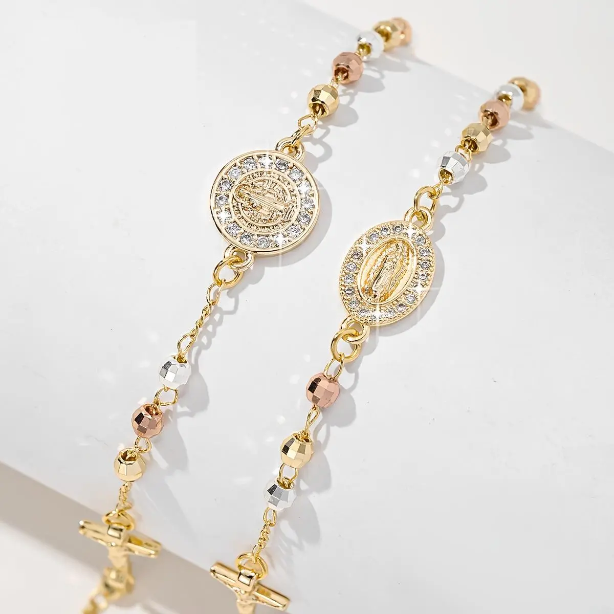 18K Gold Virgin Mary Octagonal Crystal Beads Bracelet Pulsera de la Virgen Esclava Religiosa Waterproof Non-tarnish Faith Jewelry Mother Day Gift Regalo Para Mamá Wife