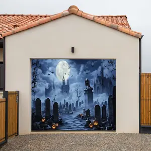 Large Polyester Halloween Garage Door Tapestry Ghost Graveyard Angel Theme Perfect for Villas and Warehouses Festive Backdrops