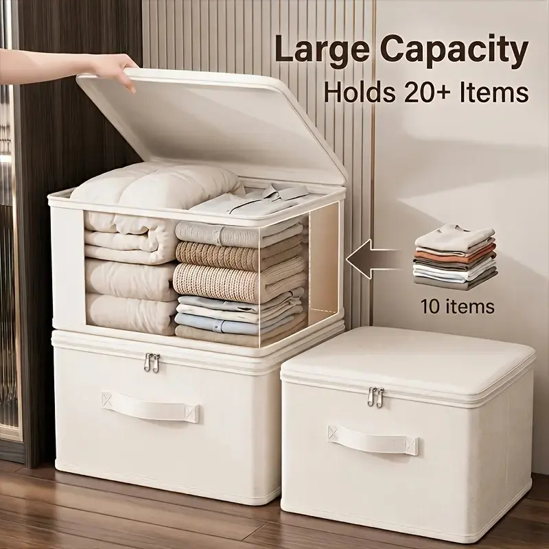 1Pc Extra Large Stackable Oxford Clothing Storage Bins With Lids, Foldable Zipper Storage Containers, Large Capacity Household Organizer Boxes For Clothes, Blankets & Toys, Closet Foldable Storage Chest For Home Use