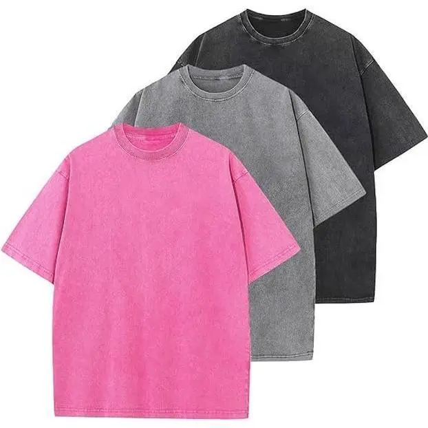 Holafish Menswear 3Pcs Acid Wash Cotton T-Shirts - Men's Crewneck Oversized Unisex Short-Sleeve Classic Casual Loose Solid Basic Tee Tops, Black+Grey+Blue Fabric Streetwear Summervibes