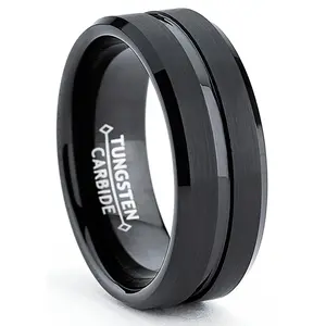 Men's Tungsten Ring Wedding Band Black Grooved Beveled Edge 8MM Sizes 7 to 15