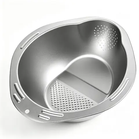 Stainless Steel Round Rice Washing Bowl with Handle - Household Kitchen Supplies, Slanted Drain Holes Drainer, Multi-Use Sieve Colander for Rice, Vegetables