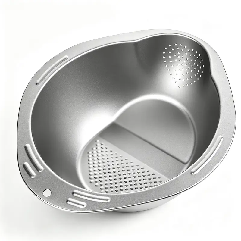 Stainless Steel Round Rice Washing Bowl with Handle - Household Kitchen Supplies, Slanted Drain Holes Drainer, Multi-Use Sieve Colander for Rice, Vegetables