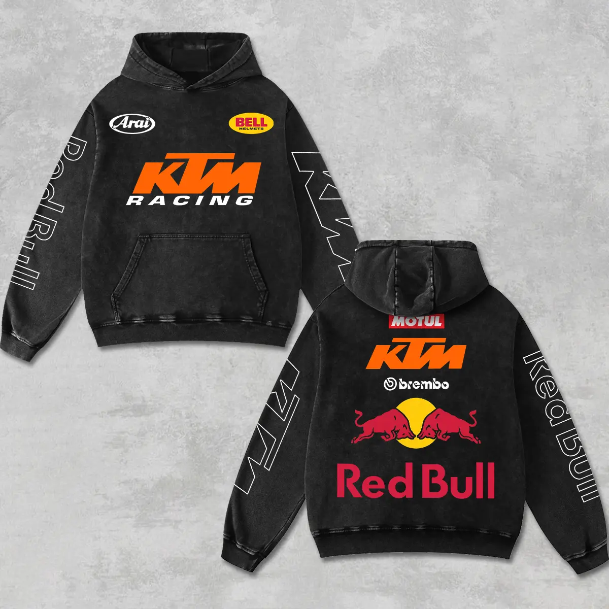 Retro Motul x Brembo x Redbull KTM Racing Hoodie Acid Washed, Motor World Championship Enthusiast, Motorcycle Off-Road Dirt Bike Graphic Streetwear, Heavyweight Biker Sweatshirt, Retro Moto Gear Motorbike Apparel Men’s Grunge Y2K Racing Jacket Style
