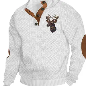 New styleMen's Reindeer Print Patchwork Contrast Trim Jacquard Sweatshirt, Regular Fit Casual Comfy Long Sleeve Half Button Front Stand Collar Pullover for Spring & Fall, Fashion Men's Top for Daily Wear