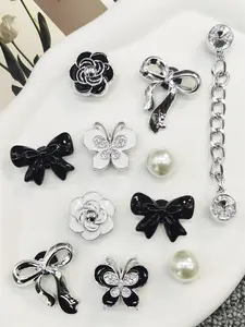 11PCS Black Silver Bowknot ABS Shoe Charms, Bling Shoe Charms, DIY Chains Decorations Rhinestone Butterfly Clog Shoes Accessories Flower Shoe Clips Fit Women Adult Bubble Slides Slippers Sandals Garden Shoes Xmas Halloween Birthday Party Decor Gifts