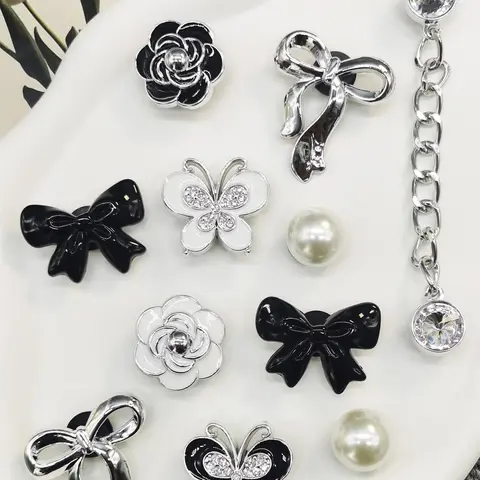 11PCS Black Silver Bowknot ABS Shoe Charms, Bling Shoe Charms Set, DIY Chains Decorations Rhinestone Butterfly Clog Shoes Accessories Flower Shoe Clips Fit Women Adult Bubble Slides Slippers Sandals Garden Shoes Xmas Halloween Birthday Party Decor Gifts