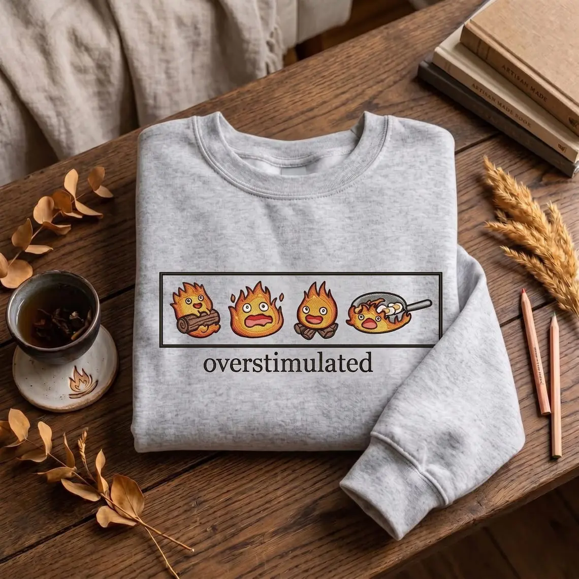 Howl’s Moving Castle Inspired Embroidered Sweatshirt, Overstimulated Anime Crewneck,  Cozy Calcifer Pullover