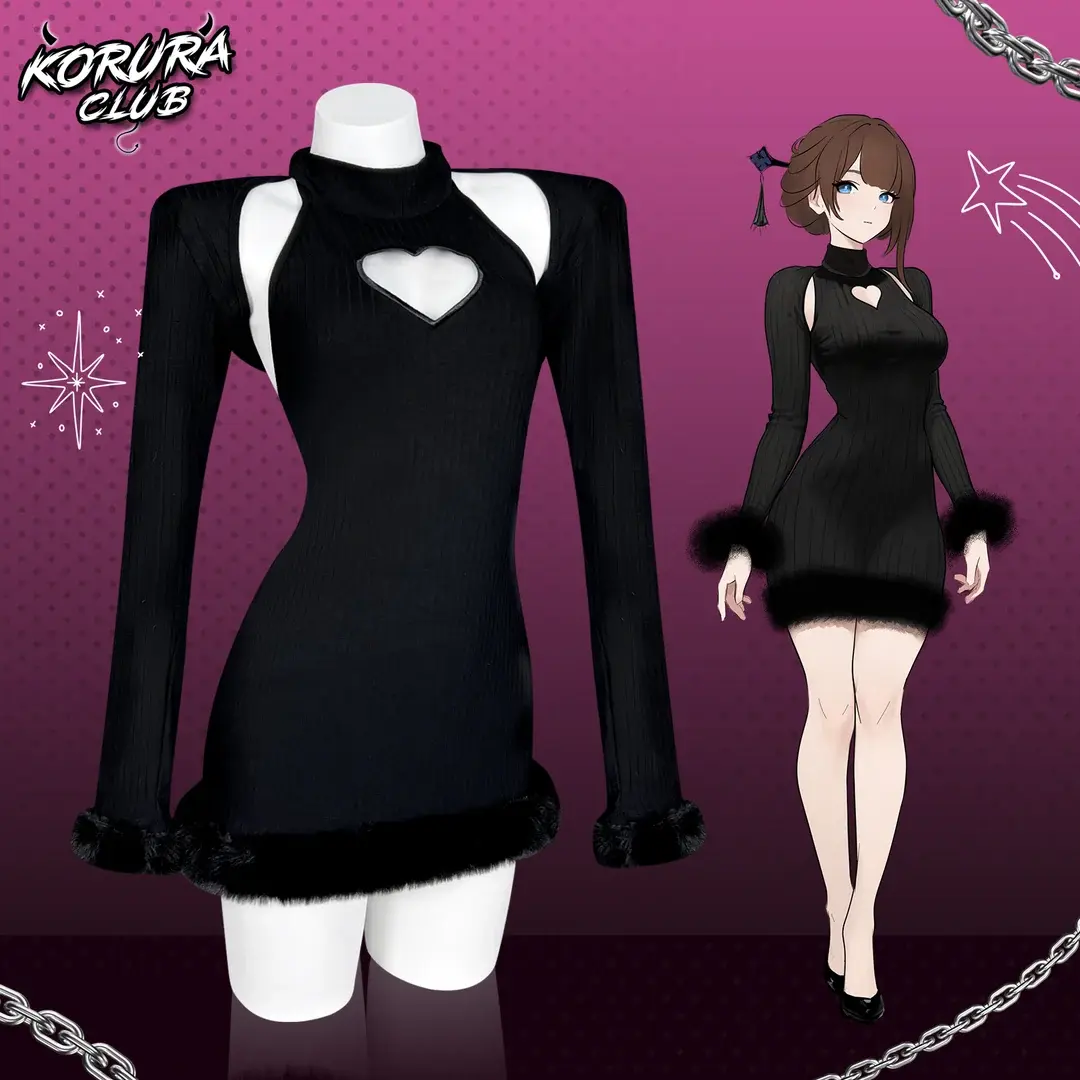 KORURACLUB Women's Gothic Heart Cutout Slim Sweater Dress - Long Sleeve High Neck Stretchy Bodycon Knit Outfit with Soft Comfortable Fabric, Cute Dark Feminine Style for Halloween Costumes, Polyester Fur, Hand Wash, Do Not Bleach