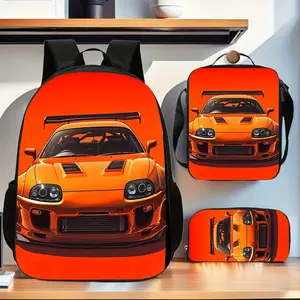 Orange Supra 3-Piece Backpack Set, Fast & Furious Print School Bag + Lunch Bag + Pencil Case, Oxford Cloth Adjustable Strap Daypack for Car Fans & Kids