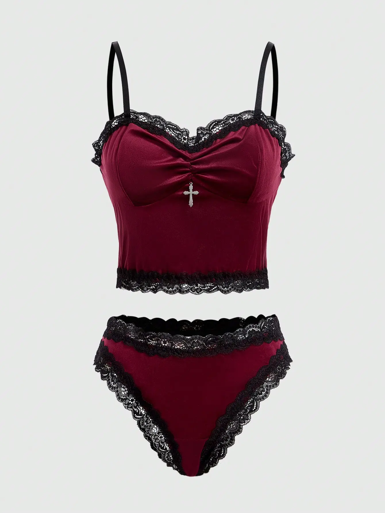 Women's Burgundy & Black Lace 2-Piece Lingerie Set - Gothic Cross Pendant Camisole Outfit, Womenswear Underwear Set