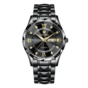 Sleek Black Wristwatch, Faceted Bezel with Roman Numerals