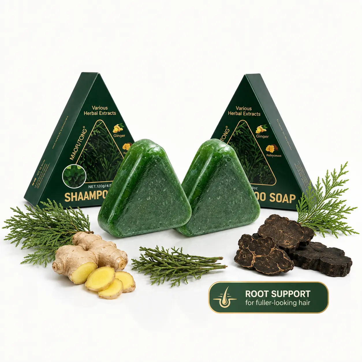 Nature Triangle Solid Shampoo Bar with Bubble Net, Natural Cypress Leaf & Usman Grass Formula, 7 Green Herbal Hair Care Soap for Hair Growth, Calming & Strengthening (for Men & Women)