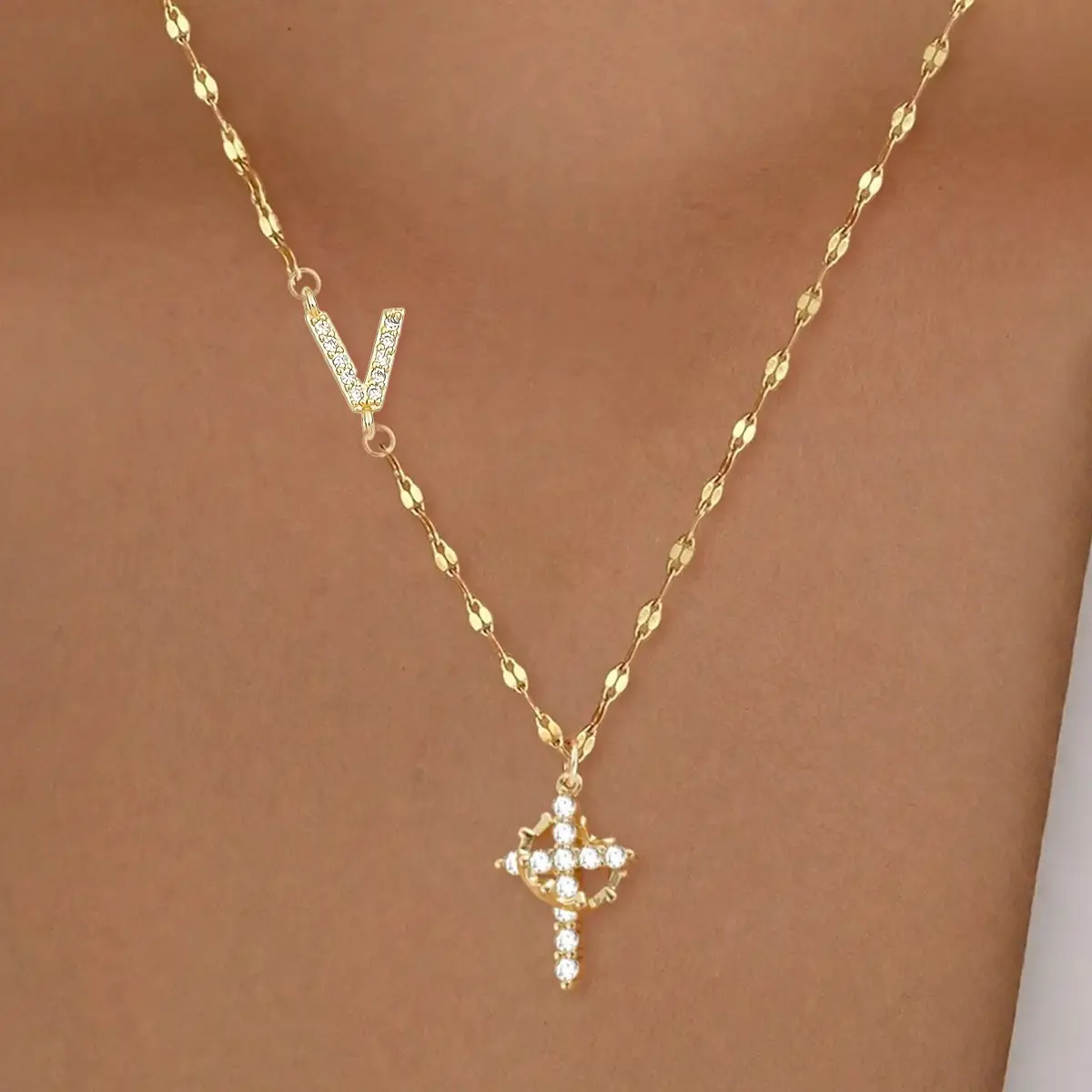 Silver & Gold Plated Brass Initial Necklace for Women, Zirconia Crown & Cross Letter Pendant, Minimalist Everyday Jewelry, Clean Girl Aesthetic, Layering Necklace for Summer Outfit & Daily Wear