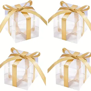50pcs Clear Plastic Gift Boxes with Golden Ribbons - Perfect for Wedding Favors, Baby Showers & Party Decorations, Party Gift Boxes | Elegant Gift Boxes | Transparent Boxes, Gift Boxes for Gifts