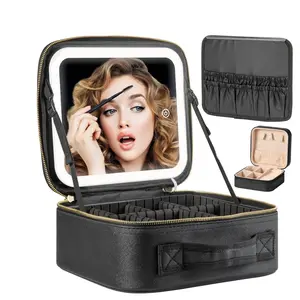 Cosmetic bag with mirror, LED lighted cosmetic bag cosmetic case full screen mirror, large capacity portable travel makeup storage bag storage box, ideal holiday gift, Thanksgiving, Halloween, Christmas and holiday gifts for girls