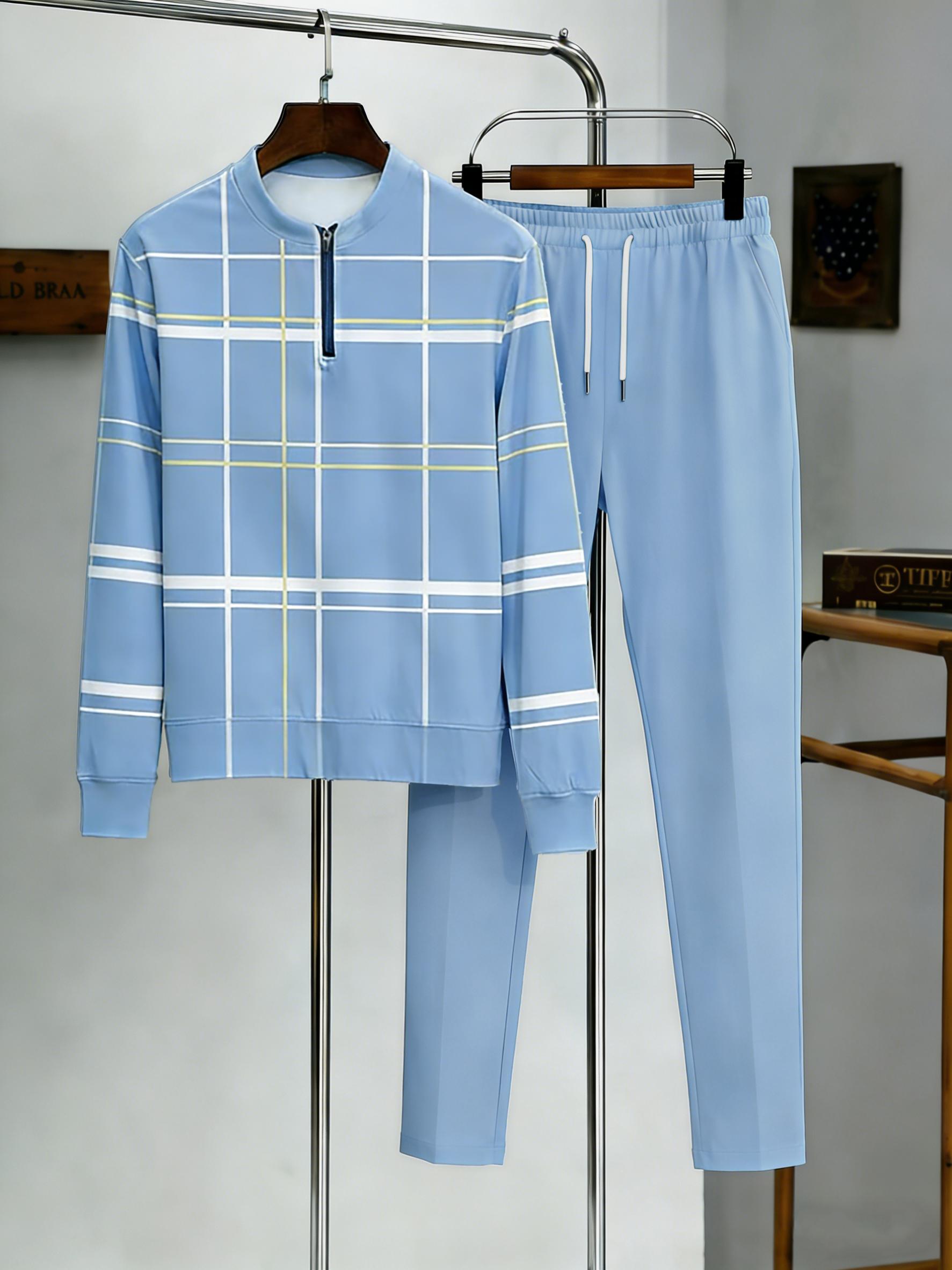 Men's 2-piece lightweight business casual sportswear |   Light blue checkered top with half zipper |   Contrasting white and yellow checkered patterns+matching pants |   Suitable for urban commuting, office leisure, and polished comfort Summer Tracksuits