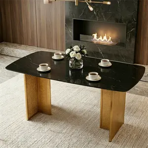 Modern-Style Rectangular Tempered Glass Dining Table for 6, Featuring a Marble-Patterned Design with black Hollow-Out Metal Legs, an Ideal Dining Table for Living Rooms and Home Offices.