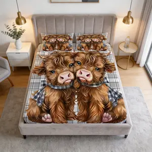 3 Piece Checked Highland Cow Pattern Fitted Sheet Set, Including 1 Flat Sheet And 2 Pillowcases, Comfortable Bedding, Non-Slip Dust Cover, Suitable For Bedroom And Guest Room