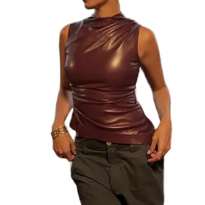 Women's Solid Ruched Mock Neck Asymmetrical Hem PU Leather Tank Top - Comfortable and Flattering - Sizes S, M, L Fitted