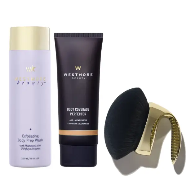 Westmore Beauty Ultimate Body Set | Exfoliating Body Wash, Body Coverage Perfector, X-Large Buffer Brush - Flawless Body Makeup, Concealer for Scars, Spots, Veins, Tattoos and More