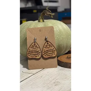 Ouija Board Planchette Earrings – Laser Engraved Wooden Spooky Jewelry, Gothic Witchy Accessories