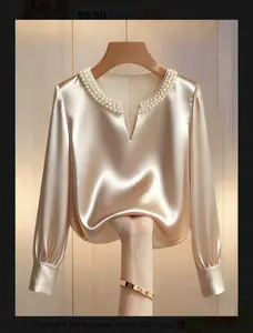 Blouse with Pearl Embellished Collar and V-Neckline for Professional Teacher's Attire