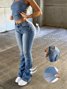 Women's Ripped Denim Jeans, Fitted Stretchy Elastic Comfortable Micro Flare Pants, Water Washed Craftsmanship, All Seasons Wear, Elegant Chic Style