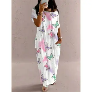 Women's Butterfly / Star Print Pocket Round Neck Nightdress, Casual Soft Comfortable Short Sleeve Nightgown for All Seasons, Loungewear, Womenswear, Night Gown for Women, Loose Nighty Dress, Sleepwear Dresses, Lady Elegant Night Gown, Nightgown Gifts