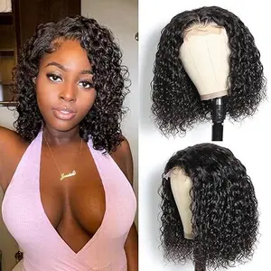 Wear and Go Glueless Wigs Human Hair Pre Plucked Pre Cut Curly Bob Wigs Human Hair Upgraded 4x4 No Glue Water Wave Lace Closure Wigs Human Hair for Women Natural Black