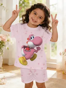 Digital Printed Pink Heart Little Dinosaur Girls' Toddler Baby Clothing Set, 100% Polyester Baby Short Sleeve Outfit, Cute Casual Clothes for Baby Girls, Daily and Outdoor Sports T-shirt, Perfect Gift for Infants and Toddlers