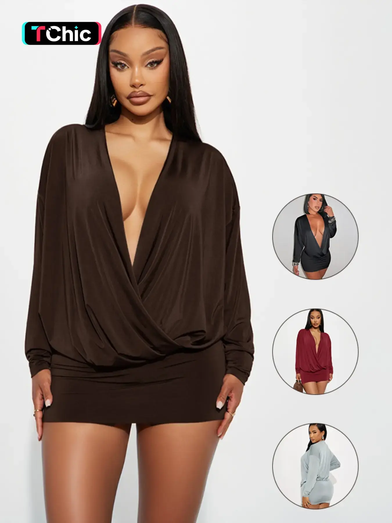 Women's Street Style Y2K Deep V Batwing Sleeve Dress, Long Sleeve Spring & Fall Fashion, Trendy Ladies for Casual Wear, Casual Comfy Chic, Casual Align Dress