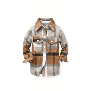 Kids' Preppy Plaid Long Sleeve Shirt, Cotton Blend,-Stretch Woven Fabric, Loose Fit with Lapel Collar, Button Placket, Regular Sleeve, Fall/Winter Warm for Boys Girls