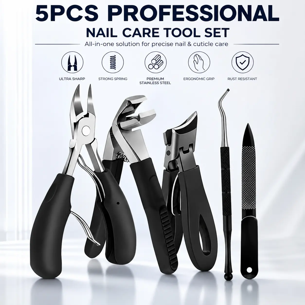 5PC Stainless Steel Heavy-Duty Ingrown Toenail Clipper Set, Thick Hard Nail Care Kit with Ergonomic Black Handle for Professional & Home Pedicure Precision Tools