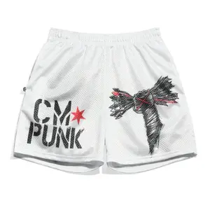 White CM-Inspired Mesh Shorts – Star & Fist Graphic Basketball Shorts, Vintage Wrestling Streetwear for Men