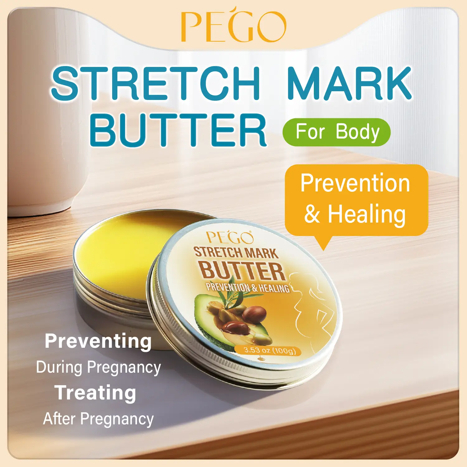 PEGO Stretch Mark Butter, Belly Moisturizer, Pregnant & Breastfeeding - Prevents & Heals Stretch Marks - Formula Enriched with Shea Butter & Vitamin E