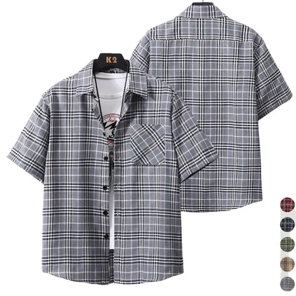 Men’s casual plaid short-sleeve button shirt with a notched collar and chest pocket, suitable for summer beachwear and everyday wear. Top Checked Classic Menswear Stylish
