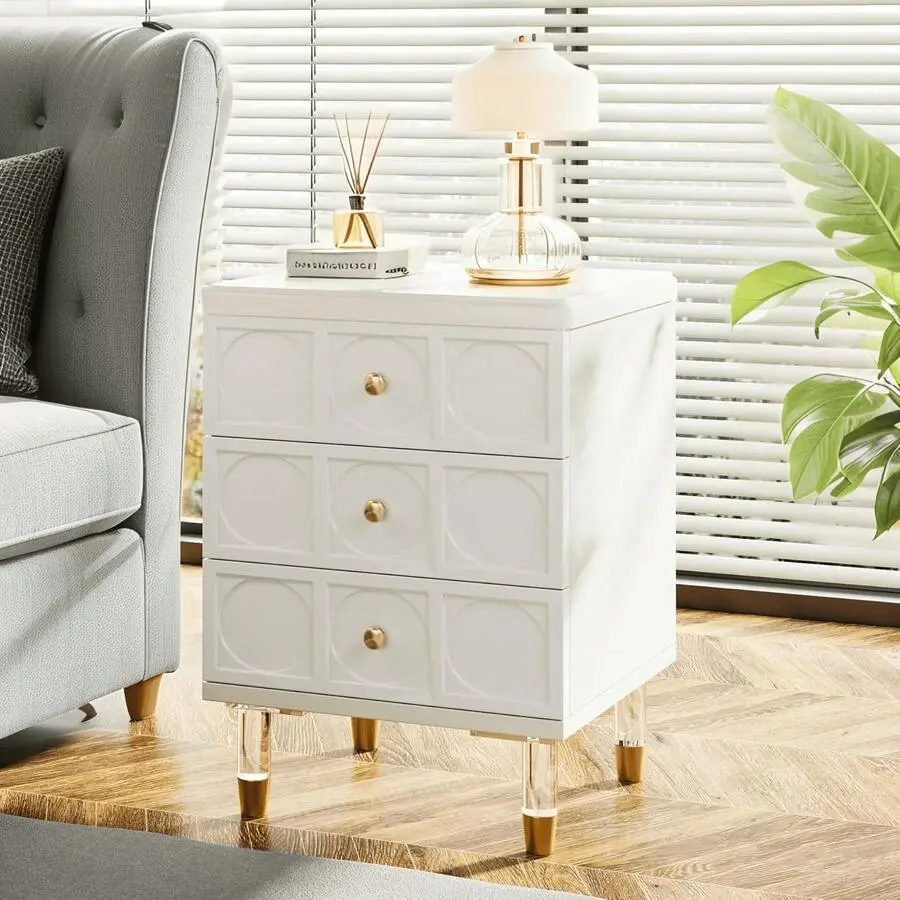 Modern Nightstand With 3 Drawers - White & Gold Bedside Table, Small Chest Of Drawers For Bedroom, Dorm, Living Room - Compact End Table With Storage