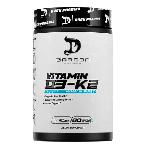 Dragon Pharma D3/K2 - 60 Capsules - 50mcg Vitamin D3 & 200mcg Vitamin K2 for Calcium Absorption & Strong Bones & Teeth - Essential Vitamins for Health