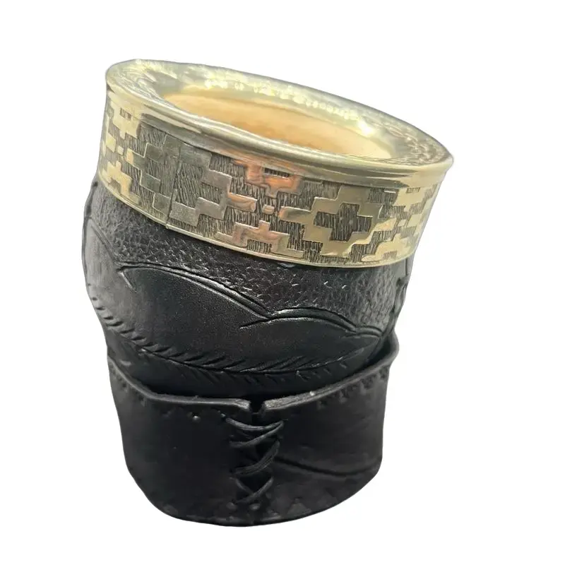 Handcrafted Mate Gourd Drinkware Mugs - Premium Edition Traditional Andean Patterns Calabash Leather Mug
