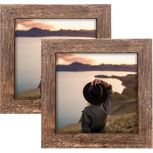 5x5 Picture Frames Set of 2, Square Rustic Wood Grain Photo Frame for Tabletop or Wall Mounting Display