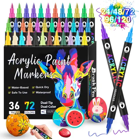Dual-Tip Acrylic Art Markers Set - 24/48/72/96/120 Colors Fast-Dry Waterproof PP Plastic Dual Brush Markers, Fast-Dry Acrylic Drawing Tools for Paint Projects Home Decor, Office Stationery Craft Supplies